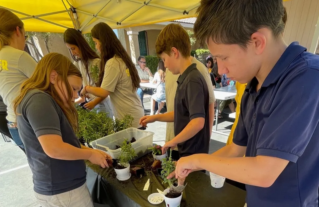 Destination Scholars students planting seedlings together at a hands-on outdoor enrichment activity